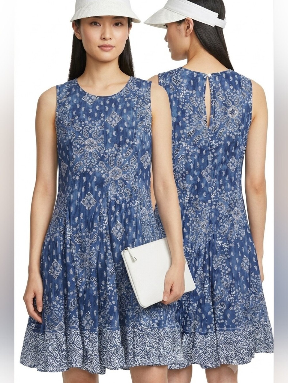 Nwt Cino Blue Art Paisley Print Crinkled Cotton Dress Made in India MOP Button